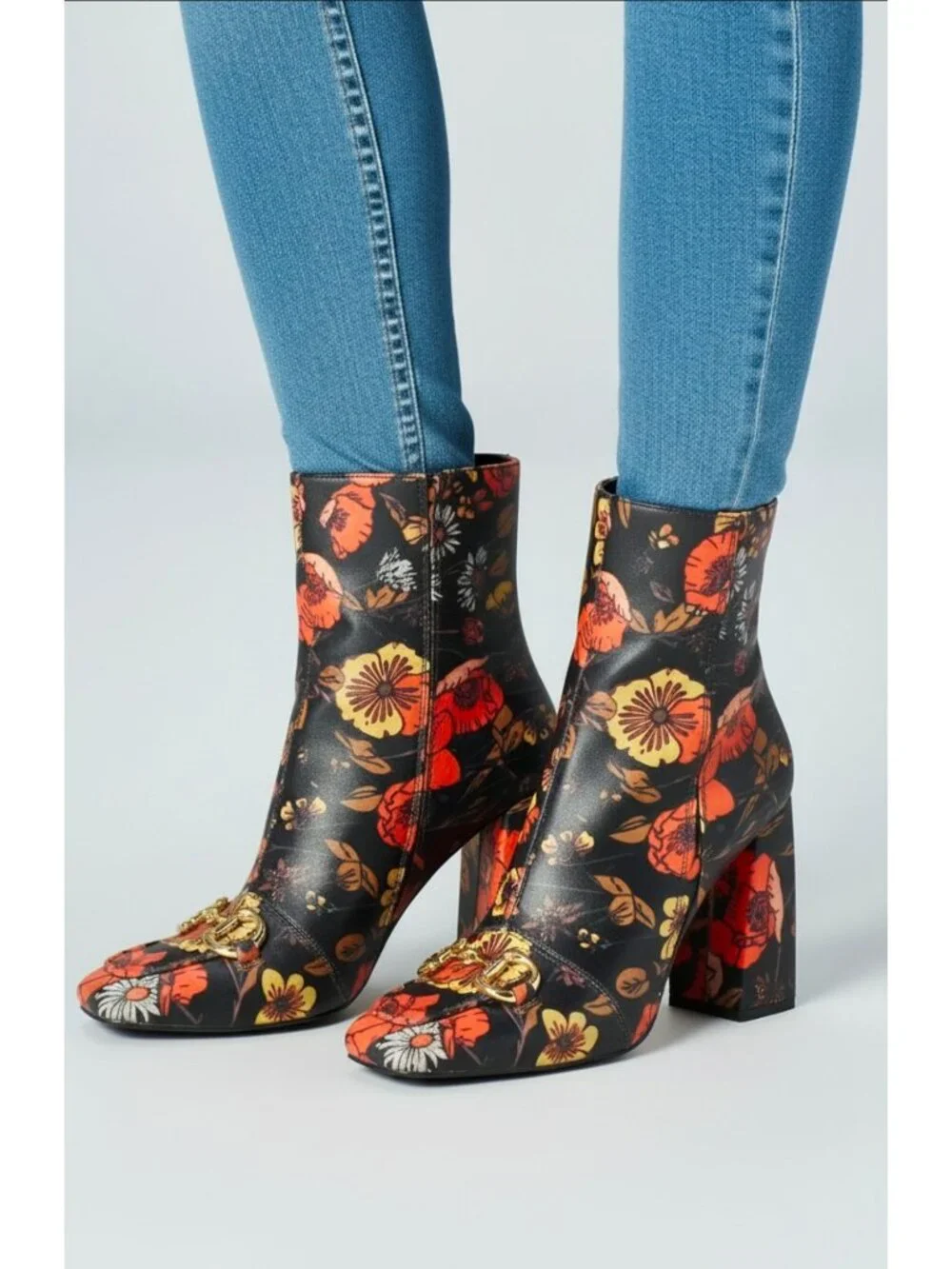 Floral Block Heel Ankle Boots With Gold Buckle Detailing